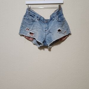 Wallflower Pink and Blue Jean Shorts Distressed Cut-Off Style